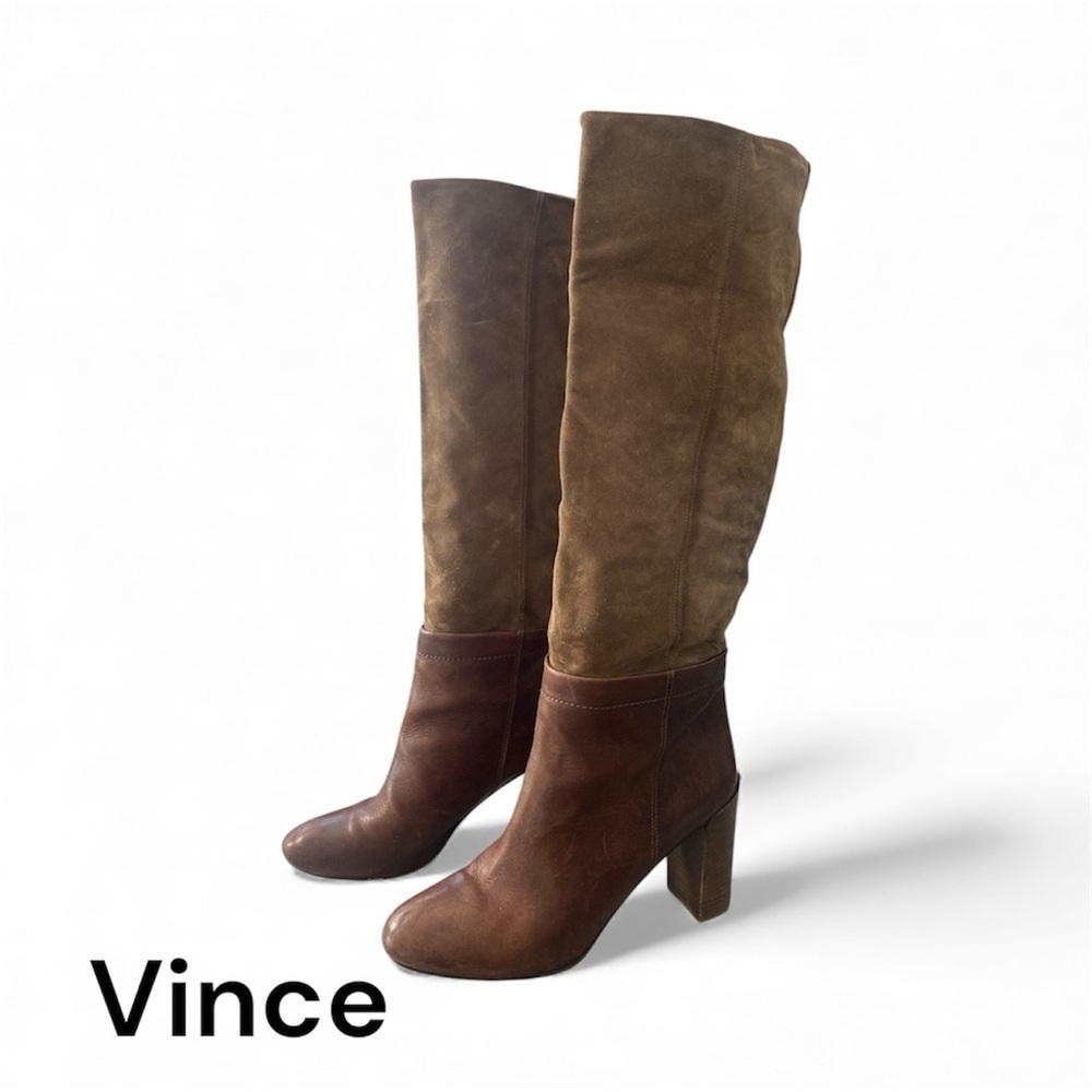 Vince Corinne Knee-High Boots Brown Leather
& Suede Block Heel Size 9